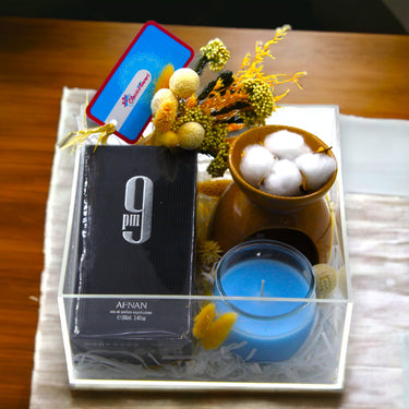 Afnan 9PM Fragrance and Relaxation Set, Afnan 9PM Cologne, Scented Candles, Oil Burner, Dried Flowers, Acrylic Box
